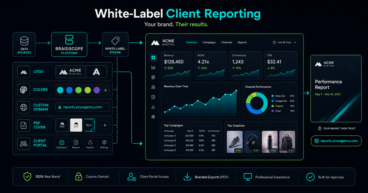 White-label client reporting dashboard with agency branding controls